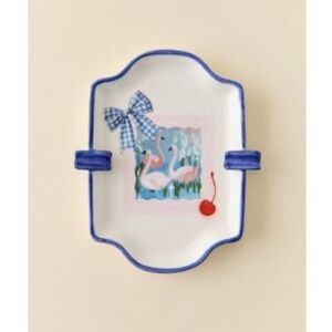 Blue and White Ceramic Ashtray with Flamingo and Bow NWT